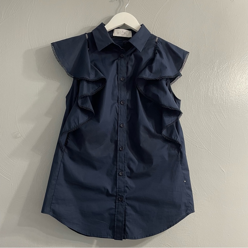 Pearl Navy Ruffle Sleeveless Button-Front Blouse - Picture 2 of 14